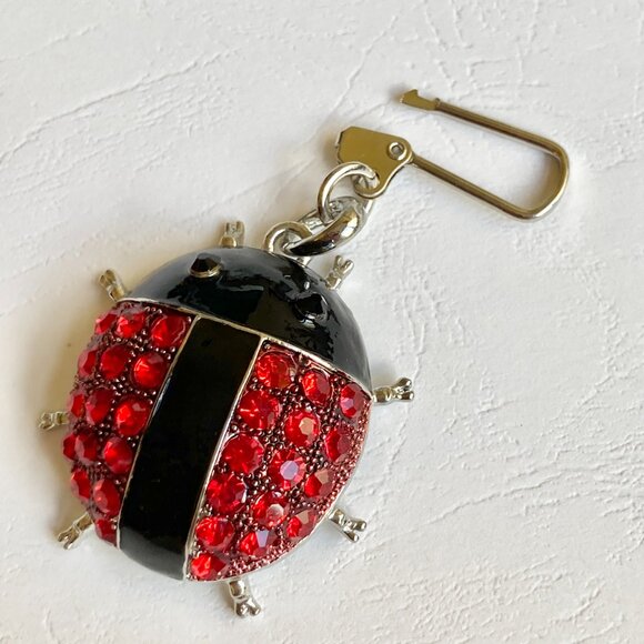 Red Ladybug Keychain Zipper Pull Purse Enamel Charm Backpack Crystal Silver Tone - Picture 7 of 9